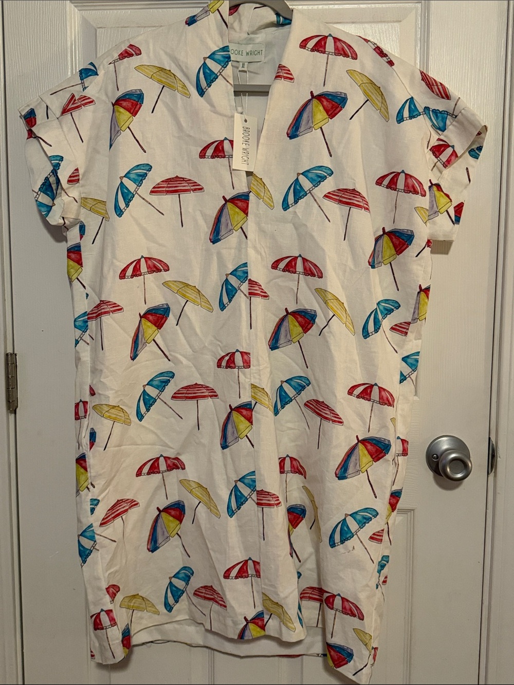 Brooke Wright White Beach Umbrella Print Shirt Dress